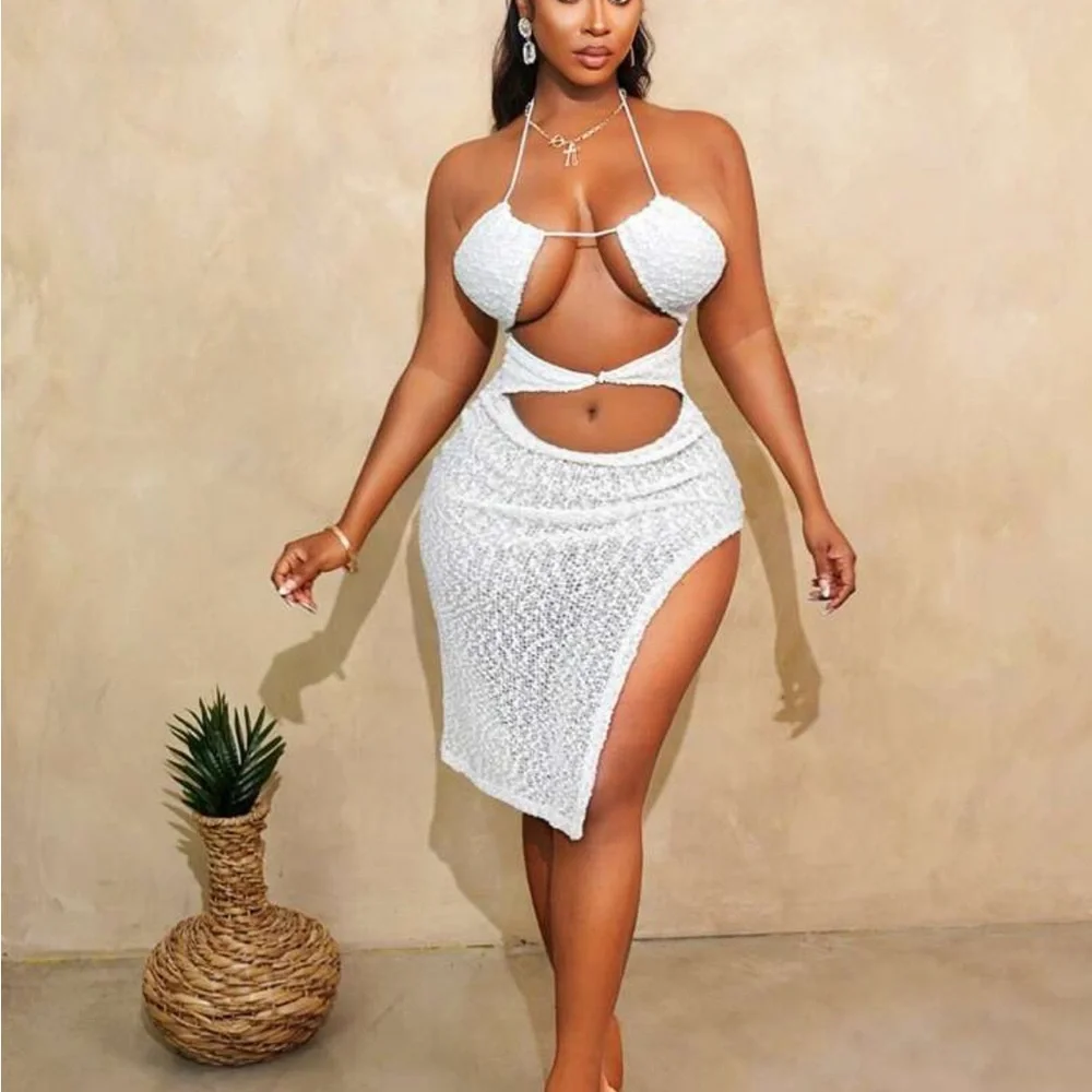 White Cutout Halter Dress - Picture 1 of 3